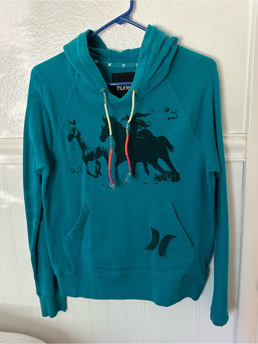 Hurley Teal Pullover Hoodie with Horse Graphic - women